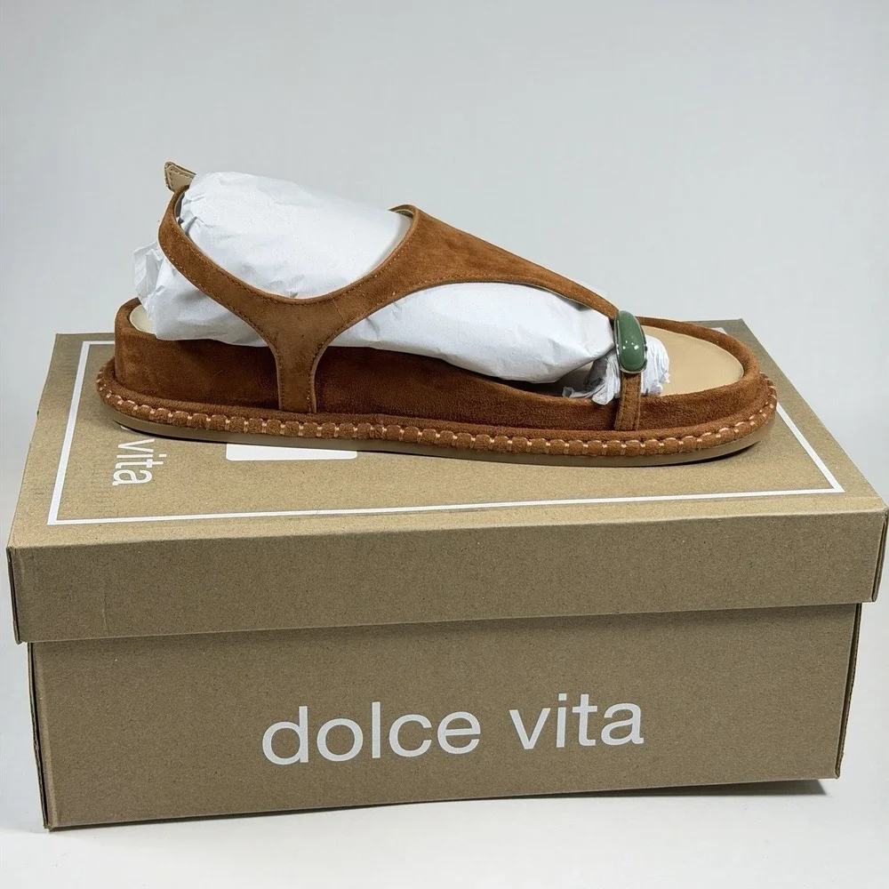 Dolce Vita Brown Suede Toe-Ring Sandals with Green Accents